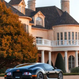 A bugatti infront of a mansion